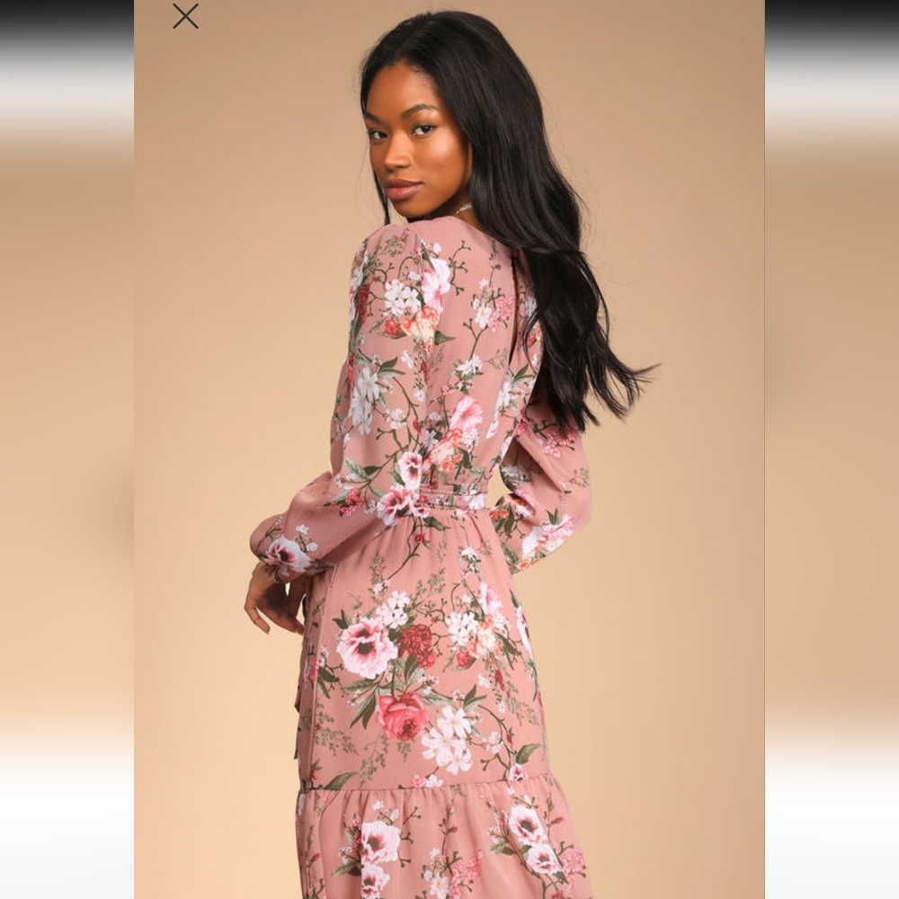 NWT Lulus Freshly Picked Mauve Floral Long Sleeve Faux-Wrap Mini Dress